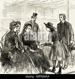 Queen Victoria being shown a rifle by Miss Smith at the Wild West show at The Great American Exhibition London England UK. 19th century Victorian engraving circa 1887 Stock Photo