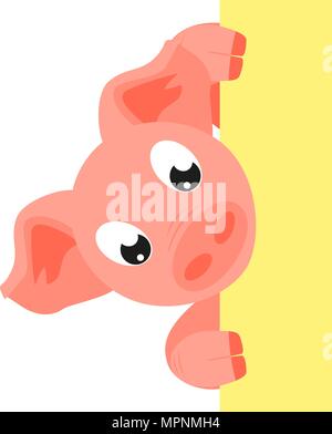 Colorful cartoon pig holding vertical poster. Copyspace with 2019 year chinese symbol. Farm animal vector illustration for icon, sign, patch, certific Stock Vector