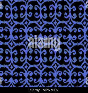 Blue seamless watercolour ikat pattern on black bacground for textile, wrapping, craft Stock Photo