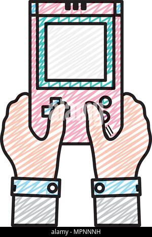doodle man hands with tetris handhelp videogame vector illustration Stock Vector