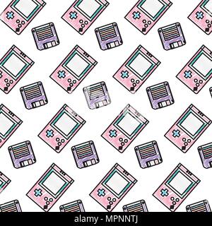 doodle retro tetris handheld with diskette background vector illustration Stock Vector
