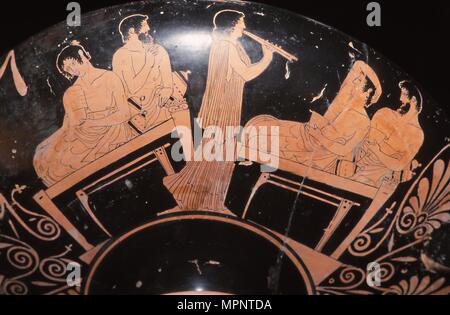 Greek Vase Painting of a Banquet, found in Etruscan tomb, Villa Giulia, Rome, c6th century BC. Stock Photo