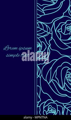 Vector wedding invitations with pale blue outline roses on the navy blue background. Floral design for greeting card, copy space Stock Vector