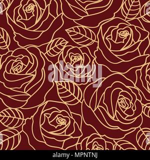 Vector beige outline roses on the burgundy background. Floral design for greeting card or wedding invitations Stock Vector