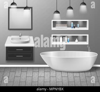 Realistic bathroom furniture interior with modern bathroom sink, mirror, shelves, bathtub and decor elements on grey wall with wooden floor. vector illustration Stock Vector