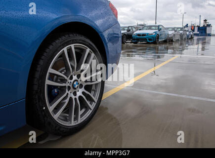 Bremerhaven, Germany. 12th June, 2017. New vehicles of BMW can be seen at the BLG Logistics Group Car Terminal, ready for shipping in Bremerhaven, Germany, 12 June 2017. Credit: Ingo Wagner/dpa | usage worldwide/dpa/Alamy Live News Stock Photo