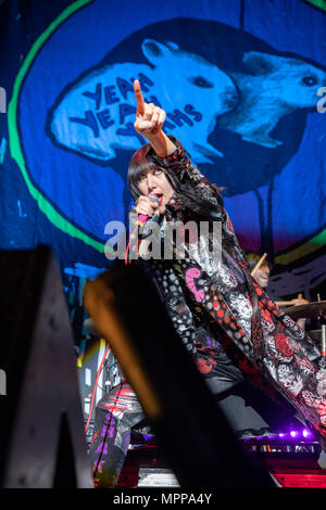Dublin, Ireland. 23rd May, 2018. Singer Karen Lee Orzolek, better known by her stage name Karen O performs with the Yeah Yeah Yeahs at the 3 Arena. Credit: Ben Ryan/SOPA Images/ZUMA Wire/Alamy Live News Stock Photo