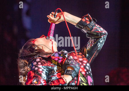 Dublin, Ireland. 23rd May, 2018. Singer Karen Lee Orzolek, better known by her stage name Karen O performs with the Yeah Yeah Yeahs at the 3 Arena in Dublin. Credit: Ben Ryan/SOPA Images/ZUMA Wire/Alamy Live News Stock Photo