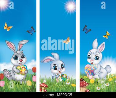 Set of tree Easter background with rabbit and Easter egg Stock Vector