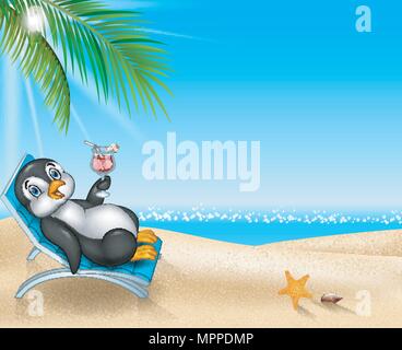 Cartoon penguin sitting on beach chair Stock Vector
