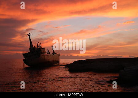Abandoned ship Edro 3 near coral bay sea caves Cyprus. Stock Photo