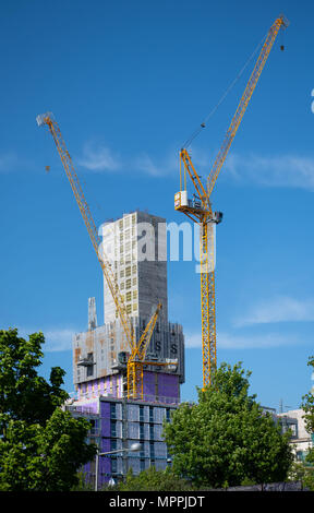 Construction cranes seen against a blue sky on a warm summer day in central Cardiff, Wales, UK. Stock Photo