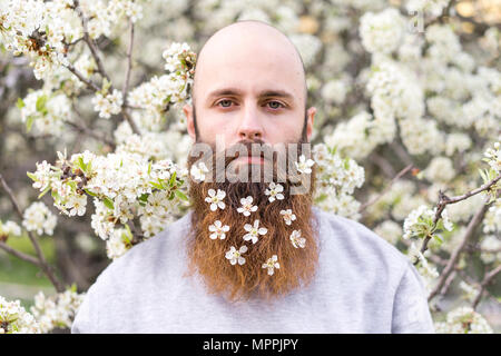 Portrait of hipster with white tree blossoms in his beard Stock Photo