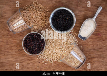 Various sorts of rice and rice flour Stock Photo