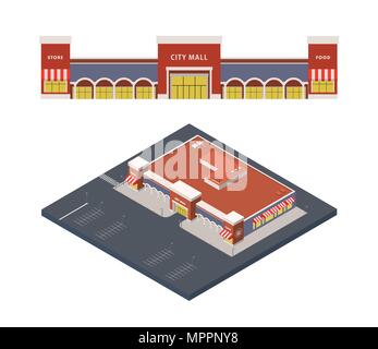 Vector Isometric illustration of shopping centre, city mall with parking lot Stock Vector