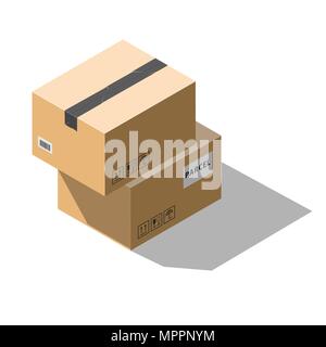 Two vector isometric cardboard parcel boxes isolated on white background Stock Vector