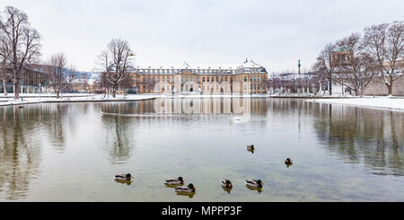 Germany, Baden-Wuerttemberg, Stuttgart, New Palace, Lake Eckensee in winter Stock Photo