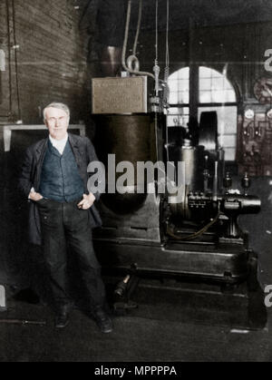 Thomas Alva Edison, American inventor, with his first dynamo for producing electric light, 1880s. Artist: Unknown. Stock Photo