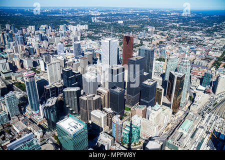 Toronto Canada,Bremner Boulevard,CN Tower,observation tower,telecomm antenna modern wonder,Sky Pod,window view northeast,Financial District,Yorkville, Stock Photo