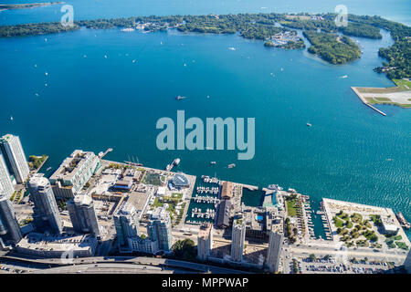 Toronto Canada,CN Tower,Sky Pod,window view south,Lake Ontario,Toronto Island,Islands,harbour,harbourfront,waterfront,high rise skyscraper skyscrapers Stock Photo