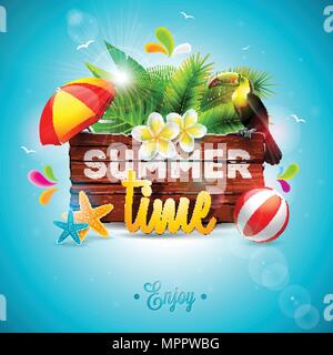 Vector Summer Time Holiday typographic illustration with toucan bird on vintage wood background. Tropical plants, flower, beach ball and sunshade with blue sky. Design template for banner, flyer, invitation, brochure, poster or greeting card. Stock Vector
