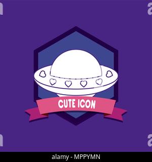 cute icons emblem with decorative ribbon and spaceship icon over purple background, colorful design. vector illustration Stock Vector