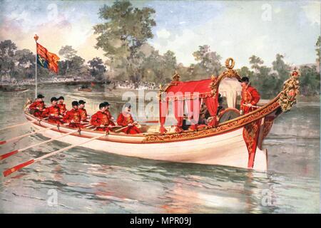 King George V and Queen Mary visiting Henly Regatta on the state barge, 1912. Artist: Unknown. Stock Photo