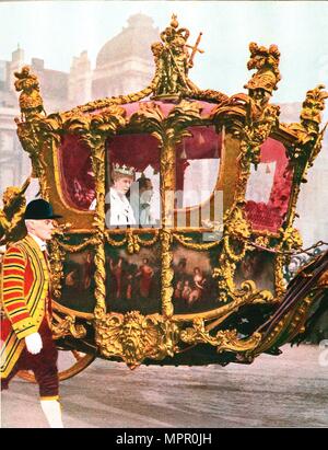 King George V and Queen Mary in the historic State Coach, c1935. Artist: Unknown. Stock Photo