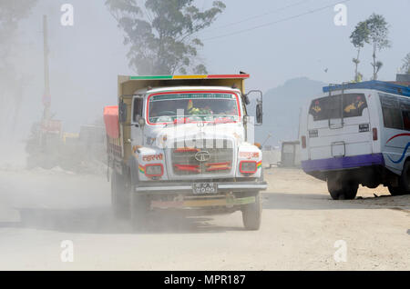 Truck on dusty road, Dhulikhel, Kathmandu, Valley, Nepal Stock Photo