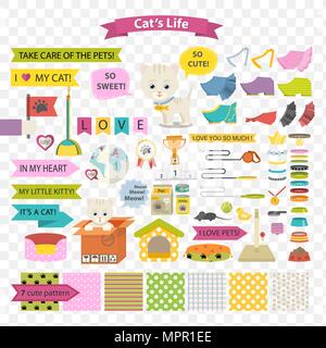Cat and care vector cartoon element illustration and pattern. Stock Vector