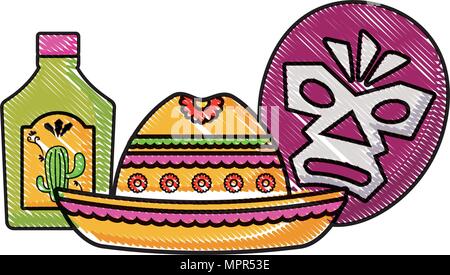 wrestler mask with mexican hat and tequila bottle over white background, colorful design.  vector illustration Stock Vector