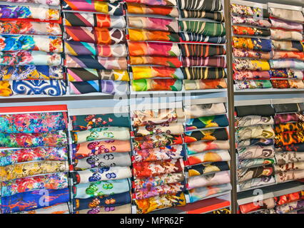 Fabric patterns in textile shop Stock Photo