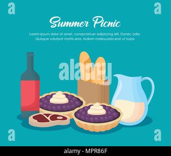 picnic summer design with wine bottle and food over blue background, colorful design. vector illustration Stock Vector