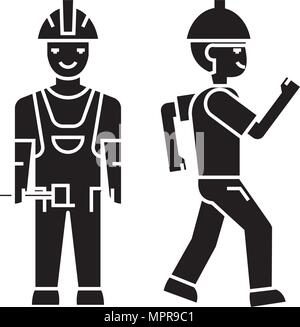 Builder man black icon, vector illustration. Builder man  concept sign. Stock Vector
