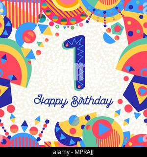 Happy Birthday first 1 one year fun design with number, text label and colorful decoration. Ideal for party invitation or greeting card. EPS10 vector. Stock Vector