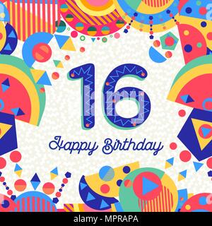 Happy Birthday sixteen 16 year fun design with number, text label and colorful decoration. Ideal for party invitation or greeting card. EPS10 vector. Stock Vector