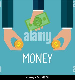 hands with coins and bills dollars money Stock Vector