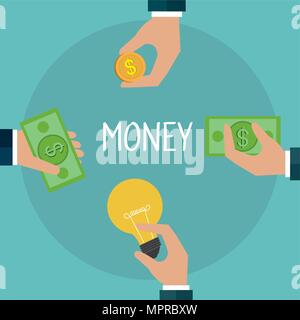 hands with coins and bills dollars money Stock Vector