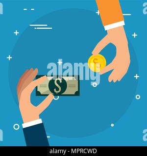 hands with coins and bills dollars money Stock Vector