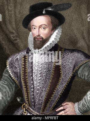 Sir Walter Raleigh, English writer, poet, courtier, adventurer and explorer, (1821). Artist: J Fitler. Stock Photo