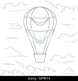 Romantic hot air balloon in clouds - airship in line art style Stock Vector
