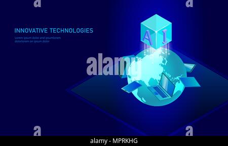 Isometric artificial intelligence business concept. Blue glowing isometric personal information data connection planet Earth future technology. 3D infographic vector illustration Stock Vector