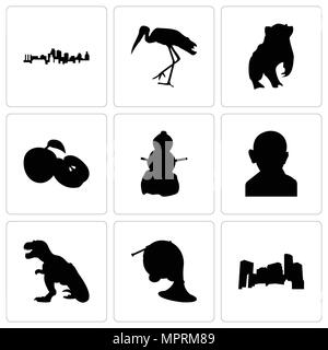 Set Of 9 simple editable icons such as minnesota, french horn, t rex, gandhi, snowman, apple, badger, stork, kansas city, can be used for mobile, web Stock Vector