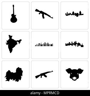 Set Of 9 simple editable icons such as pig face, ak47, shih tzu, minnesota, st paul, india map, cincinnati, image les can be used for mobile, web Stock Vector