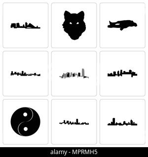 Set Of 9 simple editable icons such as wisconsin, maryland, yin yang, arkansas, oklahoma, chalk, wolf face, can be used for mobile, web Stock Vector