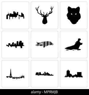 Set Of 9 simple editable icons such as montana, wisconsin, paris, hippo, chalk, arkansas, wolf face, elk head, pennsylvania state, can be used for mob Stock Vector