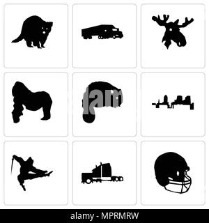 Set Of 9 simple editable icons such as football helmet, semi truck, ninja, beaver, gorilla, moose head, raccoon, can be used for mobile, web Stock Vector