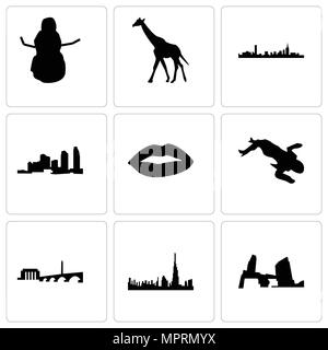 Set Of 9 simple editable icons such as long island, dubai, dc, crime scene body, lips, boston, giraffe, snowman, can be used for mobile, web Stock Vector