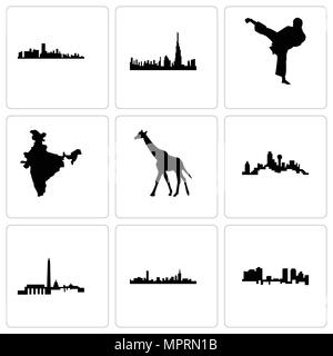 Set Of 9 simple editable icons such as fort worth, boston, dc, dallas, giraffe, india map, karate kick, dubai, florida, can be used for mobile, web Stock Vector