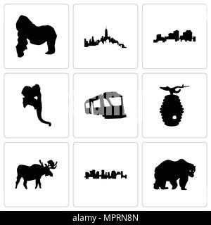 Set Of 9 simple editable icons such as bear, norway, moose, beehive, train, elephant head, louisiana, gorilla, can be used for mobile, web Stock Vector